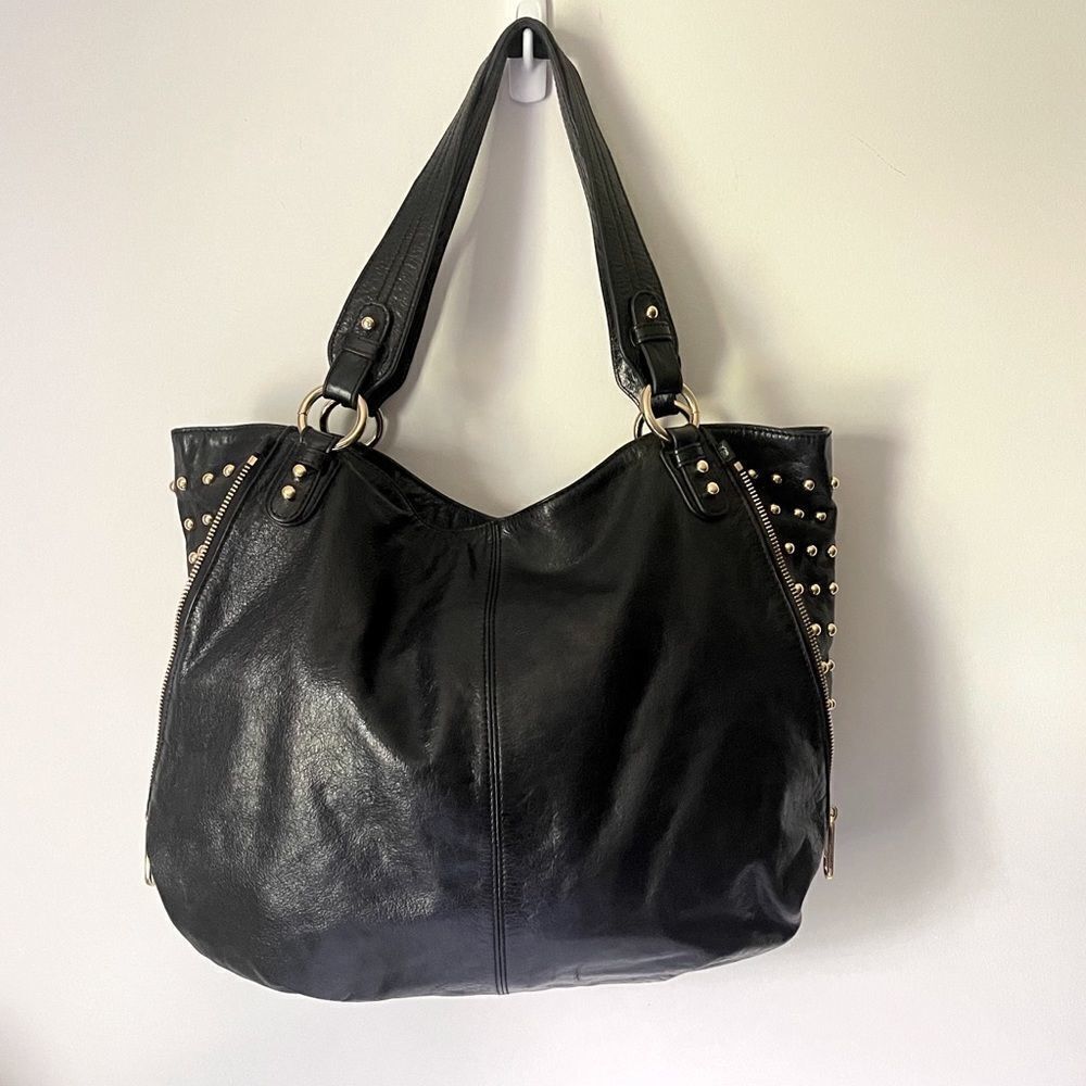 Badgley Mischka Black Leather with Gold stud detail Shoulder Bag